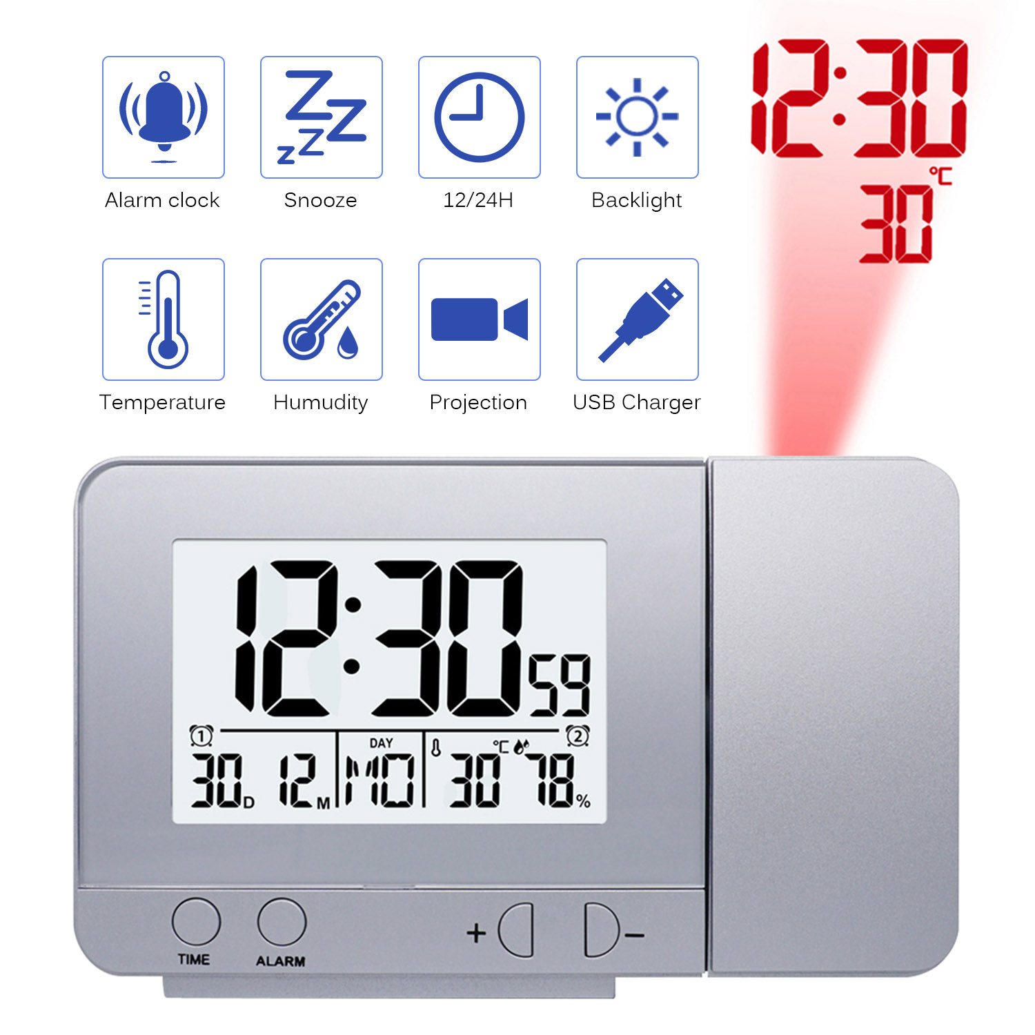 LED Display Projector Clock in silver and black with rotating projection feature, displaying time, date, temperature, and humidity.