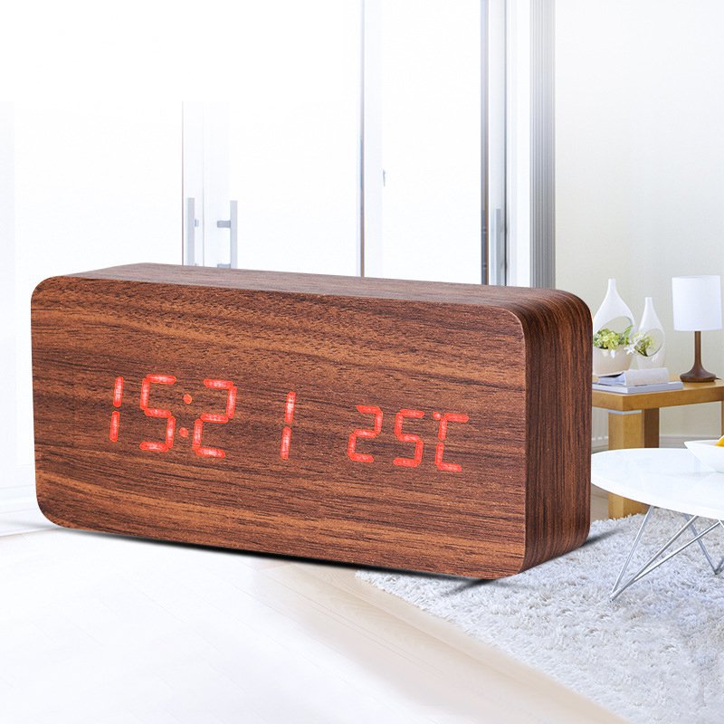 LED Teak Cuboid Alarm Clock with sound activation and dimmer function, featuring a sleek wooden design.