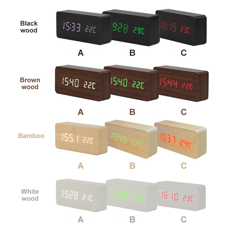 LED Teak Cuboid Alarm Clock with sound activation and dimmer function, featuring a sleek wooden design.