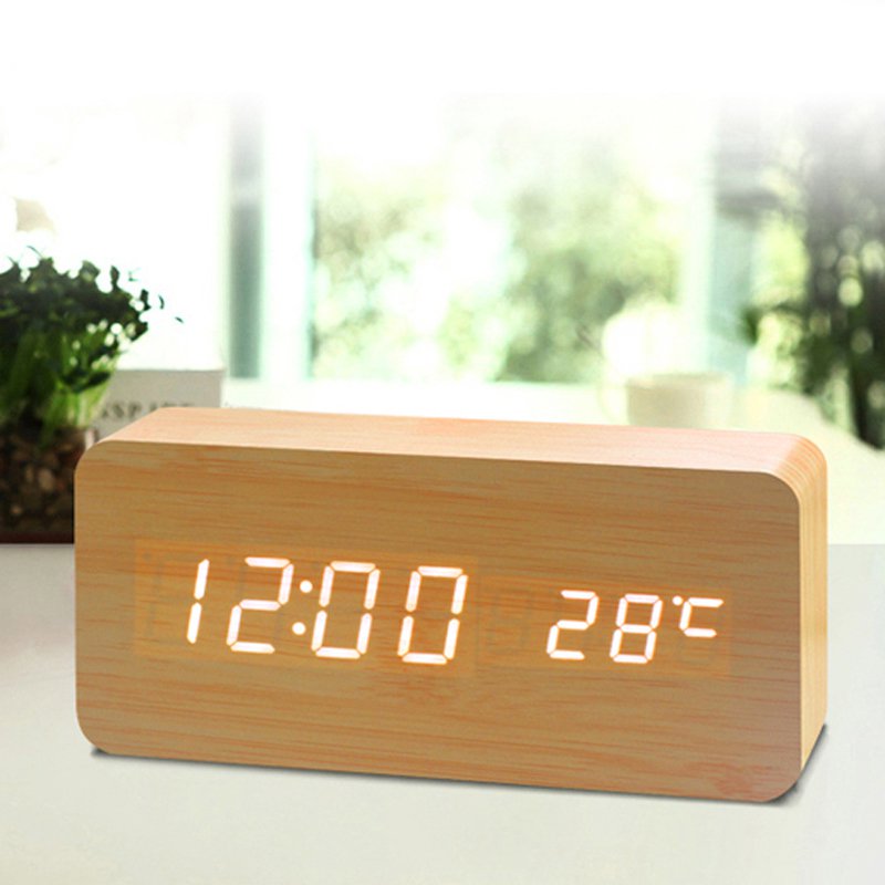 LED Teak Cuboid Alarm Clock with sound activation and dimmer function, featuring a sleek wooden design.