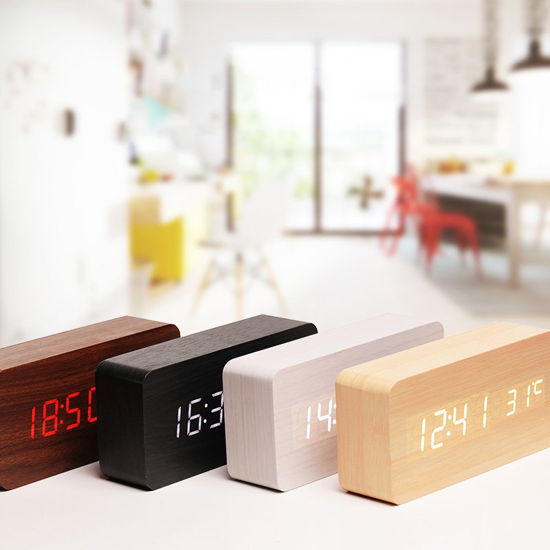 LED Teak Cuboid Alarm Clock with sound activation and dimmer function, featuring a sleek wooden design.