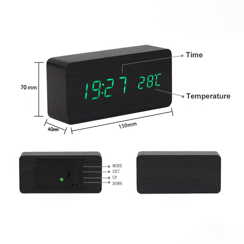 LED Teak Cuboid Alarm Clock with sound activation and dimmer function, featuring a sleek wooden design.