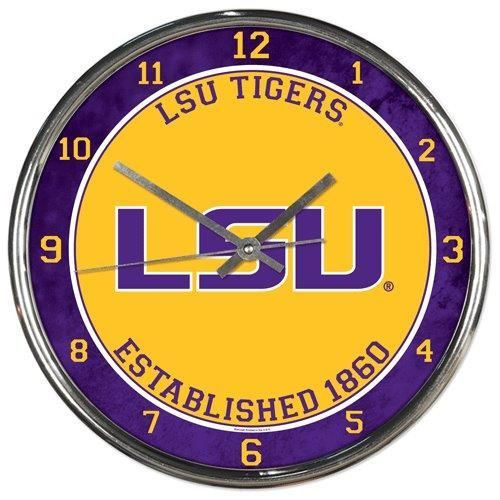 12-inch round wall clock featuring LSU Tigers logo with chrome plating and metal hands, perfect for fan caves and offices.