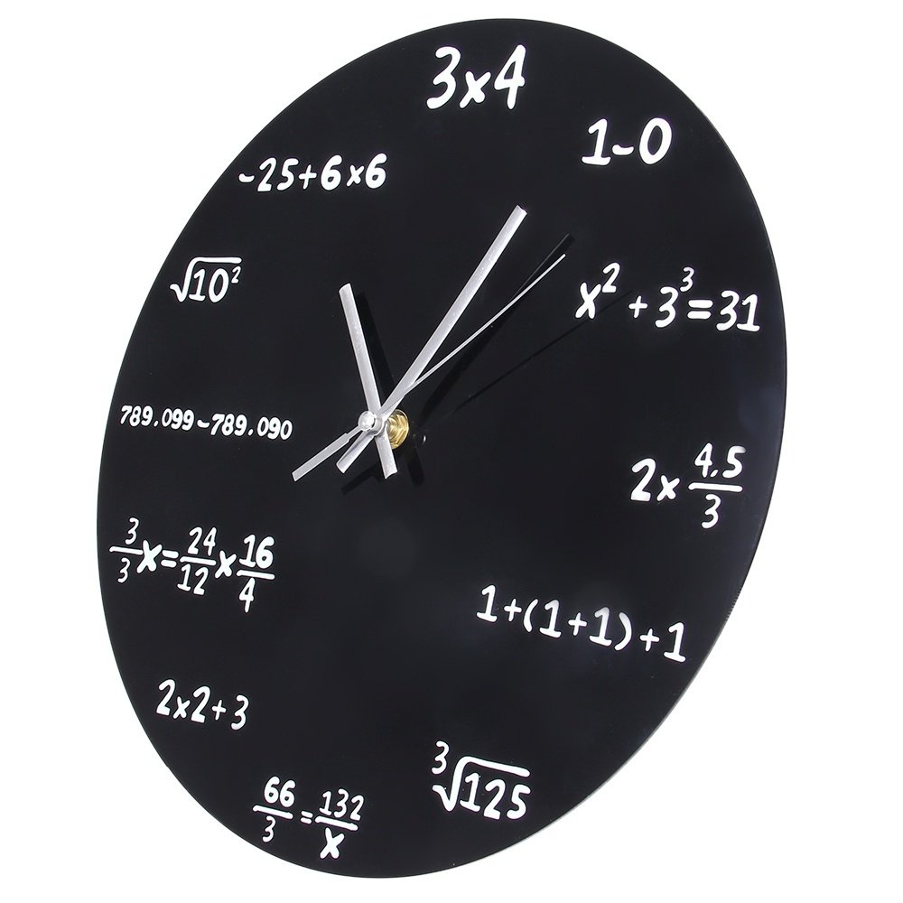 Mathematics Blackboard Pop Quiz Clock with math problems on a matte black surface, showcasing its circular design and modern aesthetic.