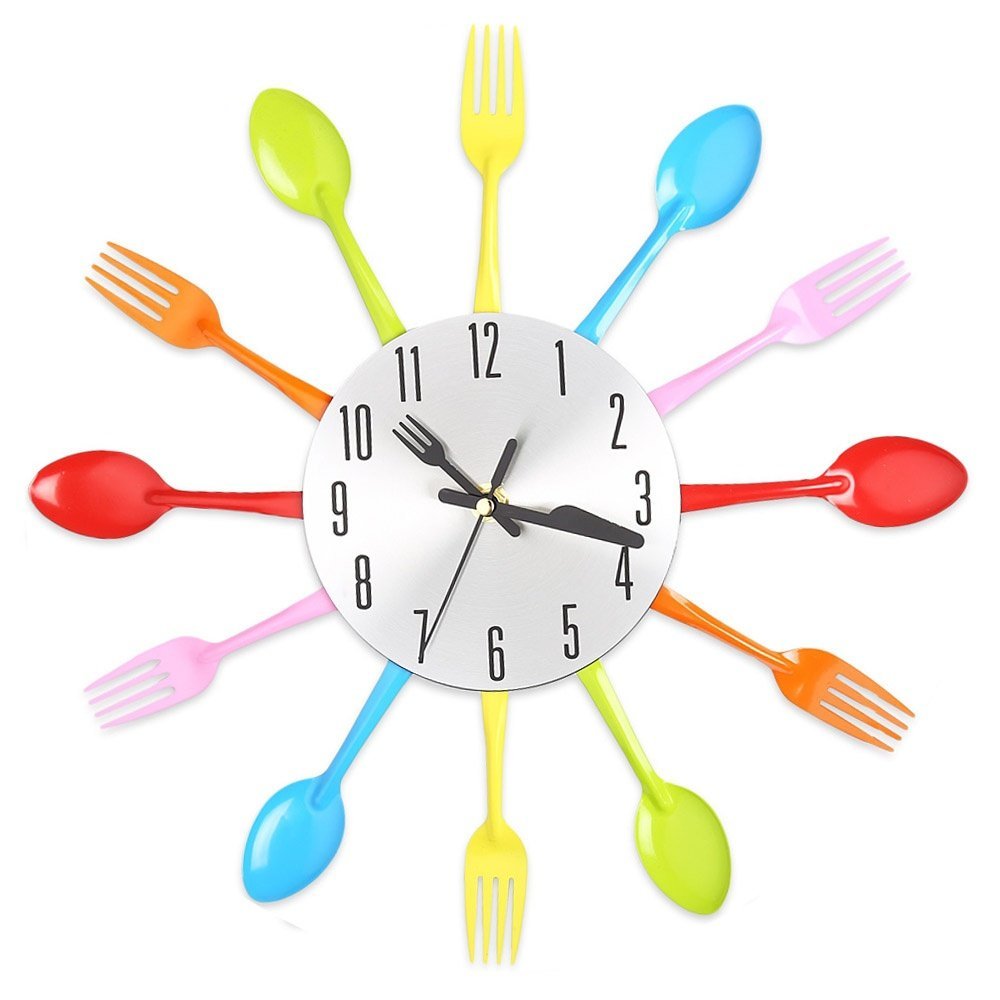 A colorful wall clock designed with fork and spoon motifs, showcasing a creative and funky style suitable for kitchens and dining areas.