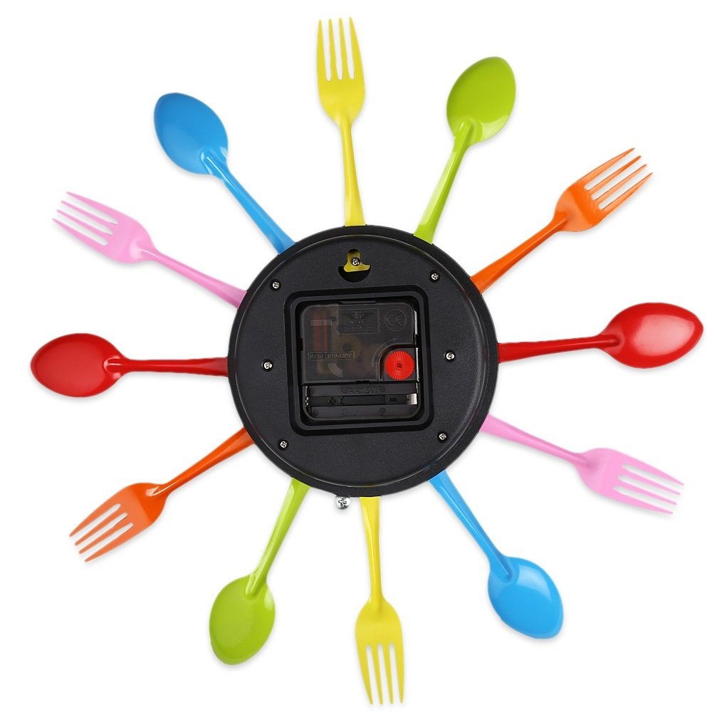 A colorful wall clock designed with fork and spoon motifs, showcasing a creative and funky style suitable for kitchens and dining areas.