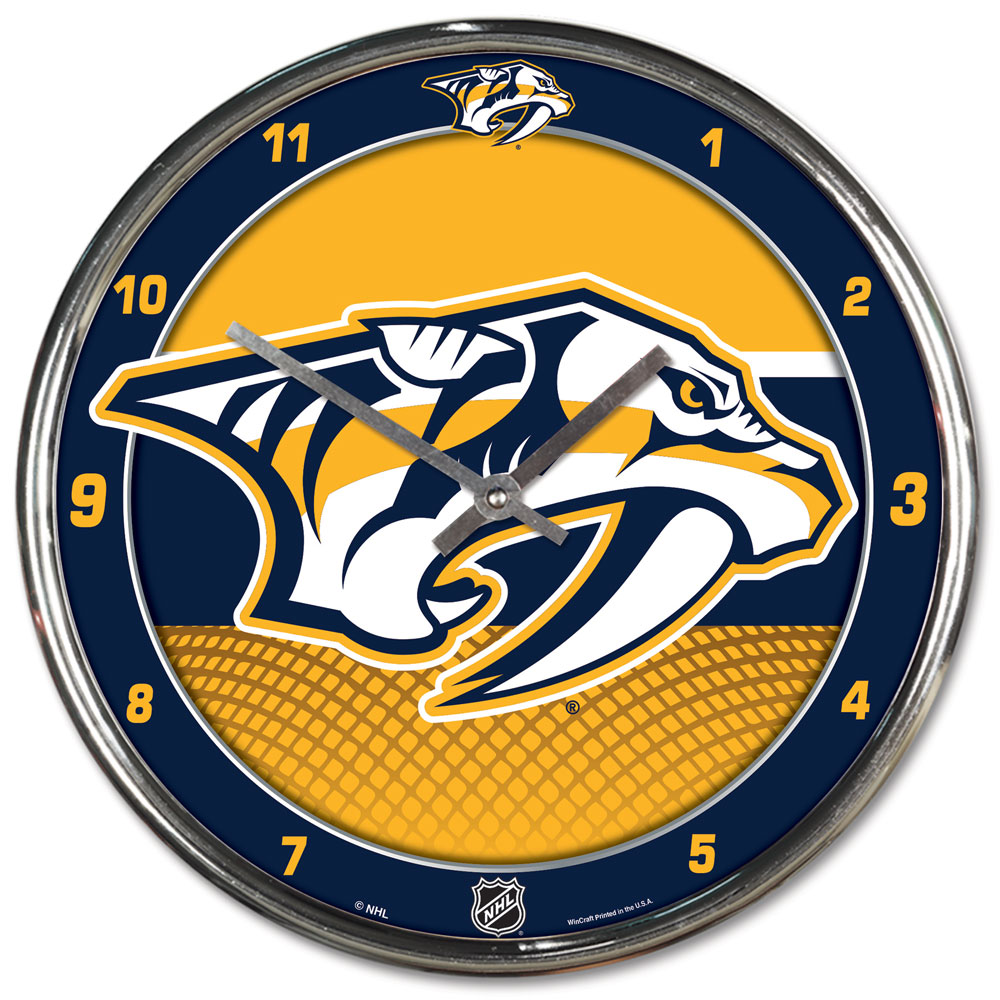 Nashville Predators Round Wall Style Chrome Clock with team logo and metal hands, perfect for fan caves and offices.