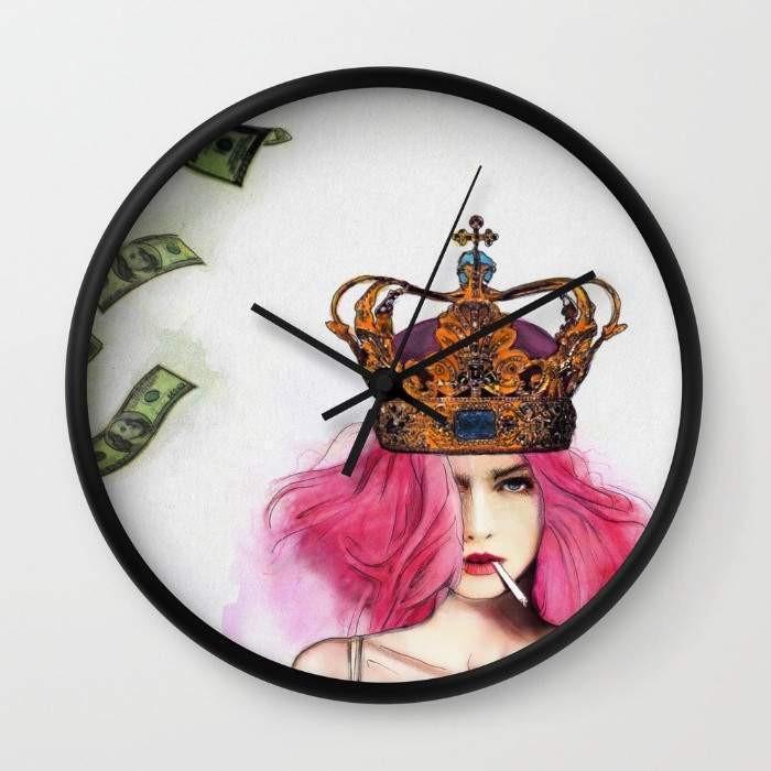 Queen Bitch Wall Clock with black or white frame, featuring a high-impact plexiglass crystal face and customizable hands.