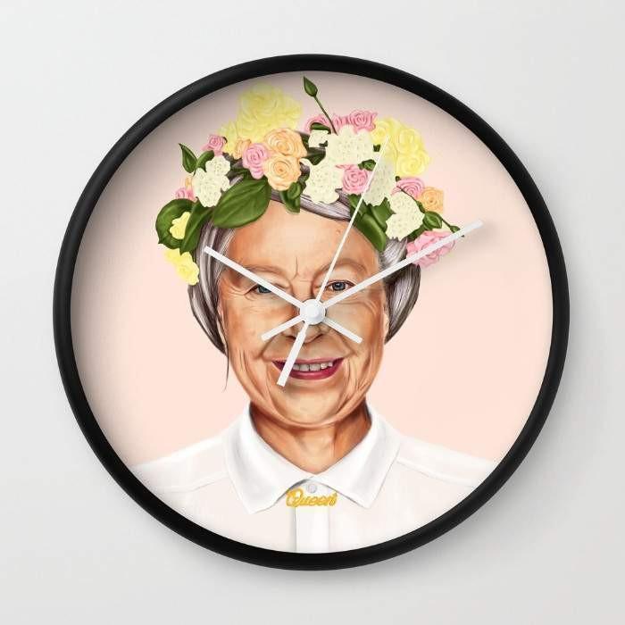 Queen Elizabeth Wall Clock with black or white frame, featuring a clear plexiglass face and customizable hands.