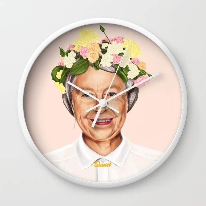 Queen Elizabeth Wall Clock with black or white frame, featuring a clear plexiglass face and customizable hands.