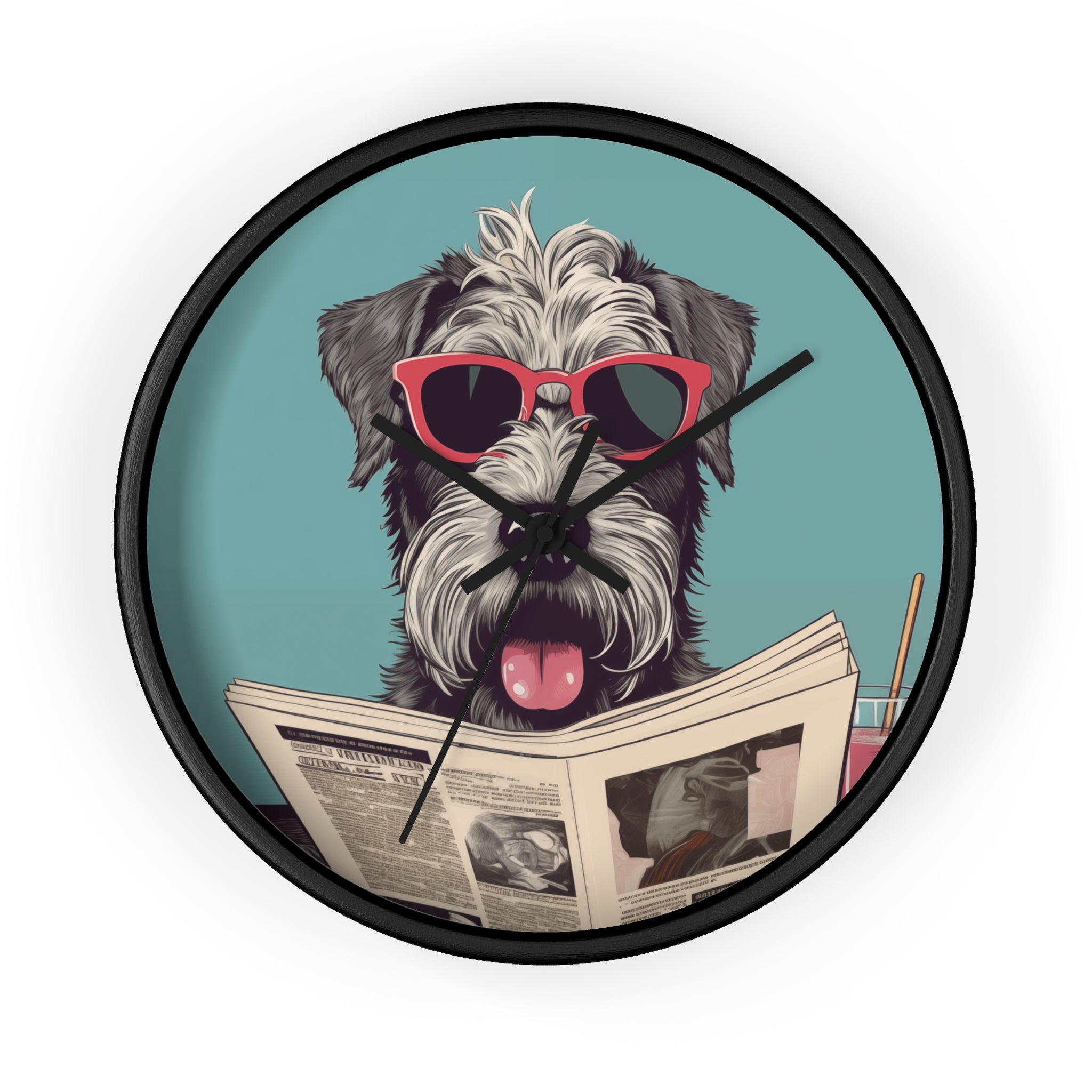 Schnauzer Reading Newspaper Wall Clock with wooden frame and plexiglass face, featuring a playful Schnauzer design.