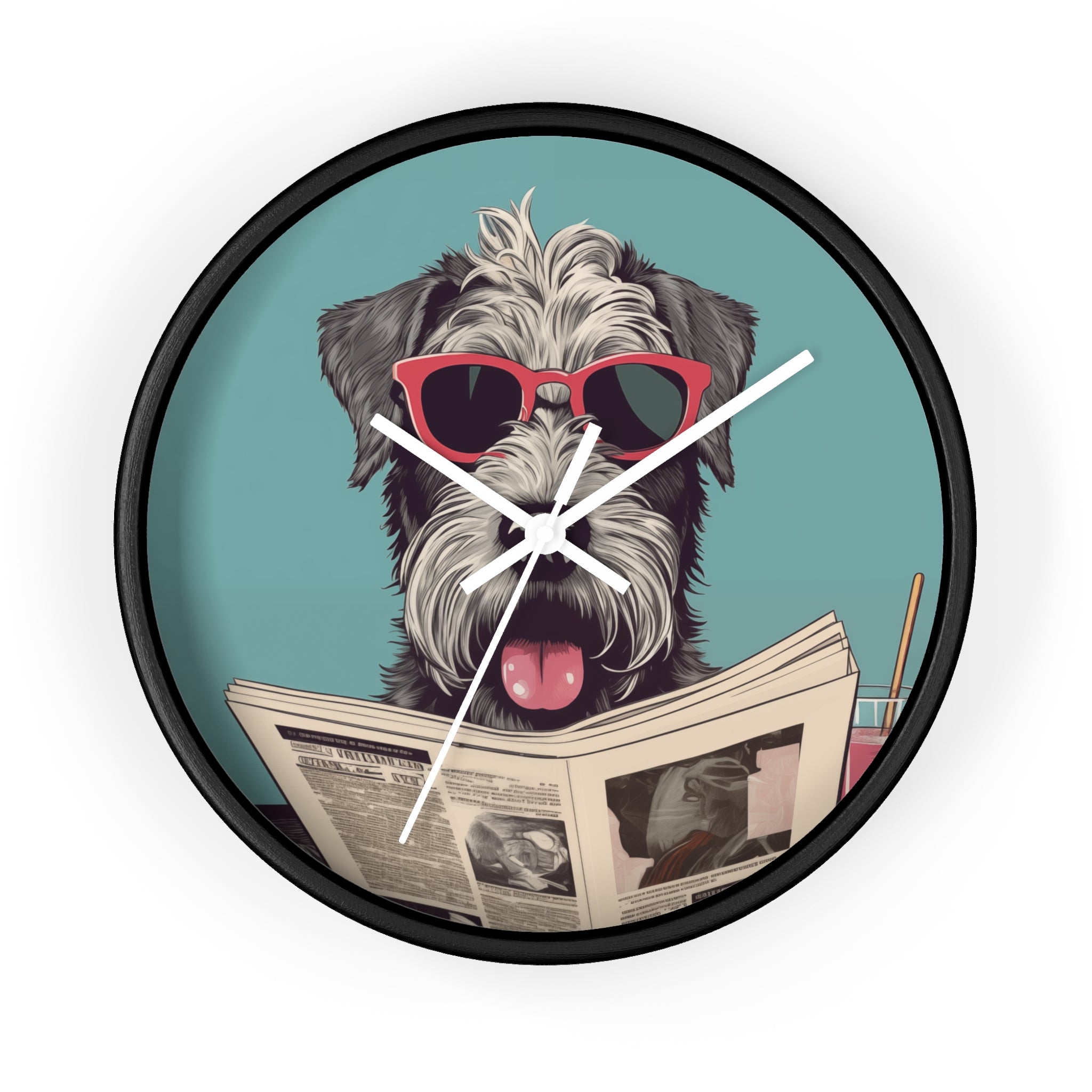 Schnauzer Reading Newspaper Wall Clock with wooden frame and plexiglass face, featuring a playful Schnauzer design.