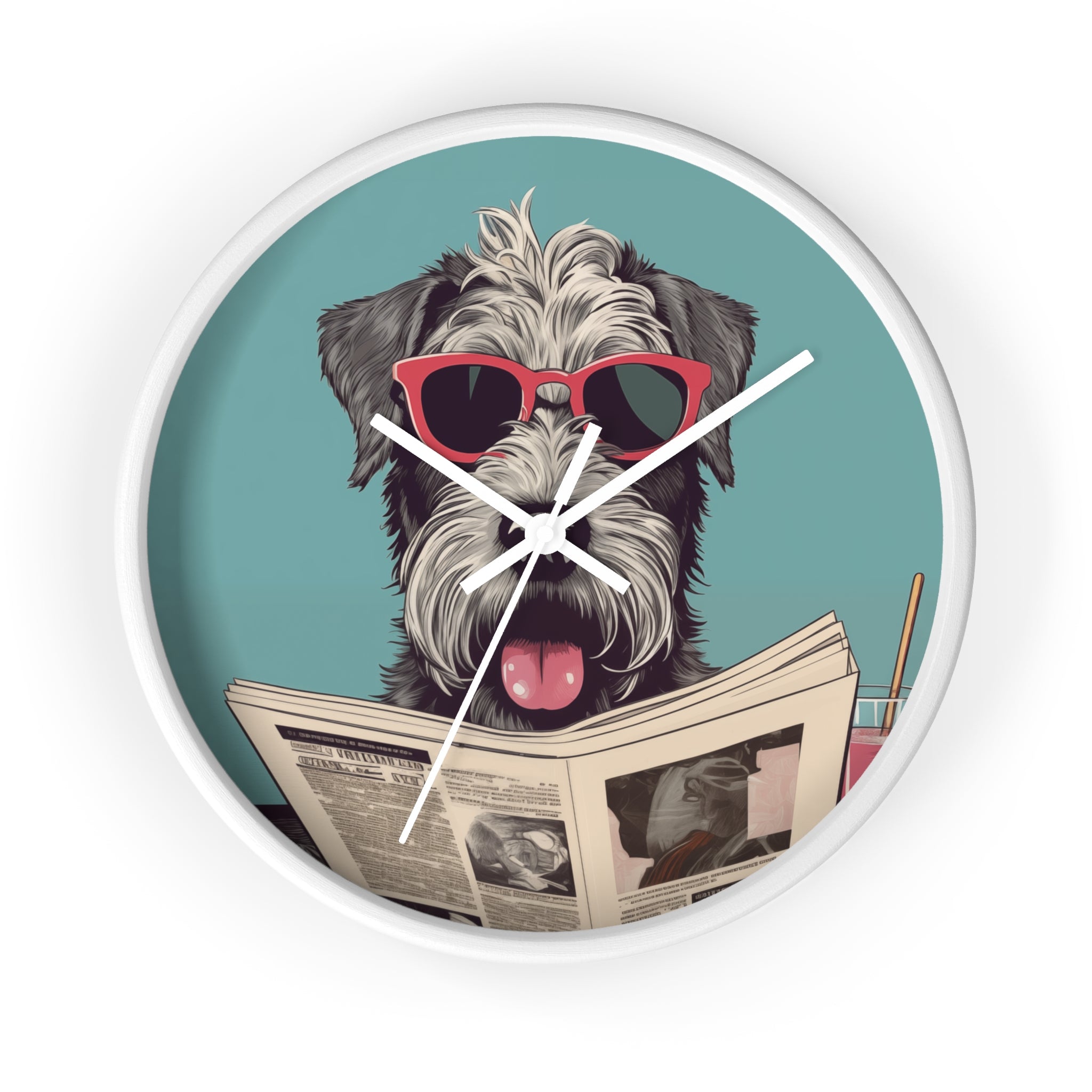 Schnauzer Reading Newspaper Wall Clock with wooden frame and plexiglass face, featuring a playful Schnauzer design.