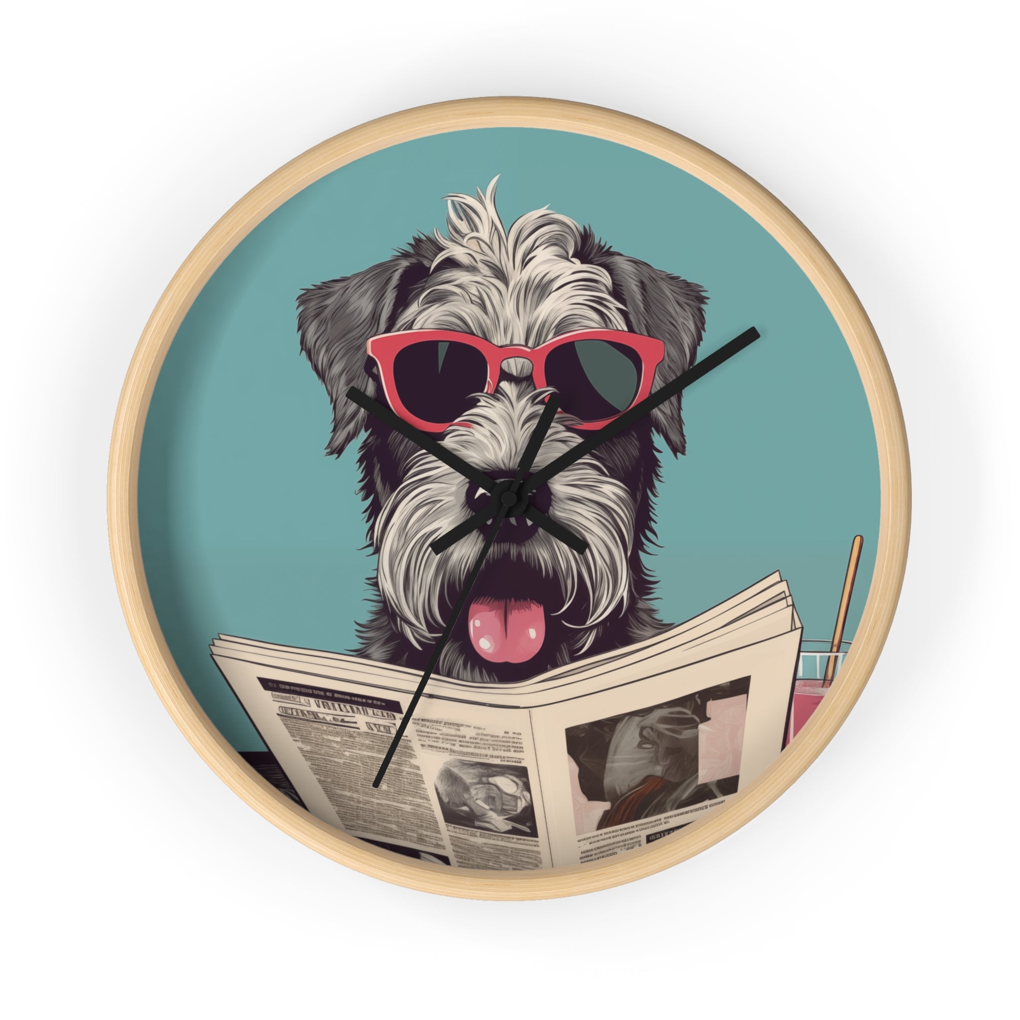 Schnauzer Reading Newspaper Wall Clock with wooden frame and plexiglass face, featuring a playful Schnauzer design.