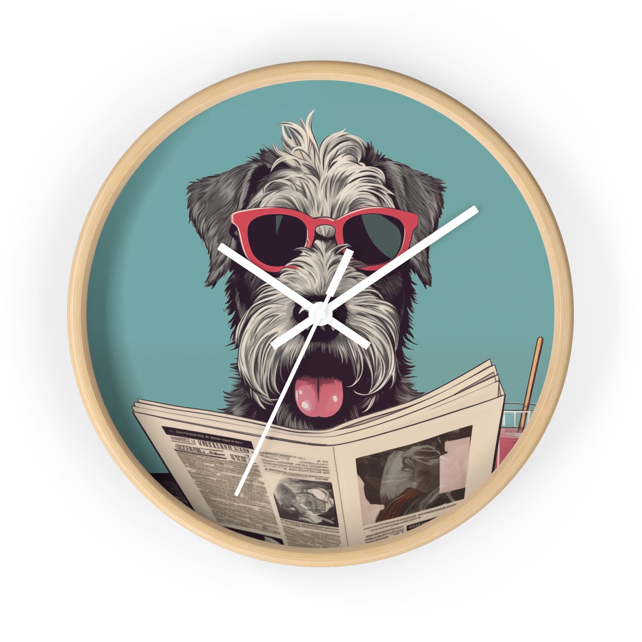 Schnauzer Reading Newspaper Wall Clock with wooden frame and plexiglass face, featuring a playful Schnauzer design.