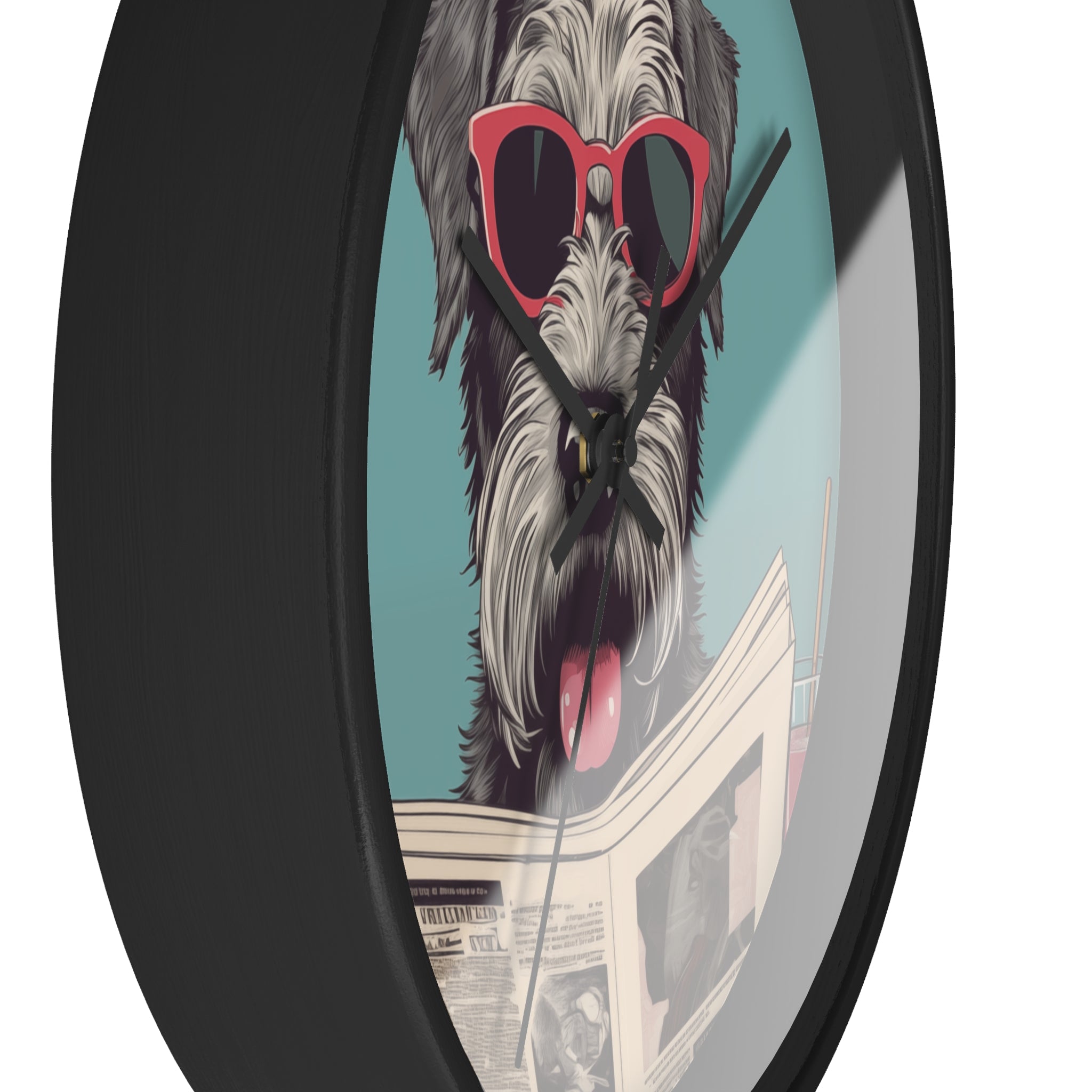 Schnauzer Reading Newspaper Wall Clock with wooden frame and plexiglass face, featuring a playful Schnauzer design.