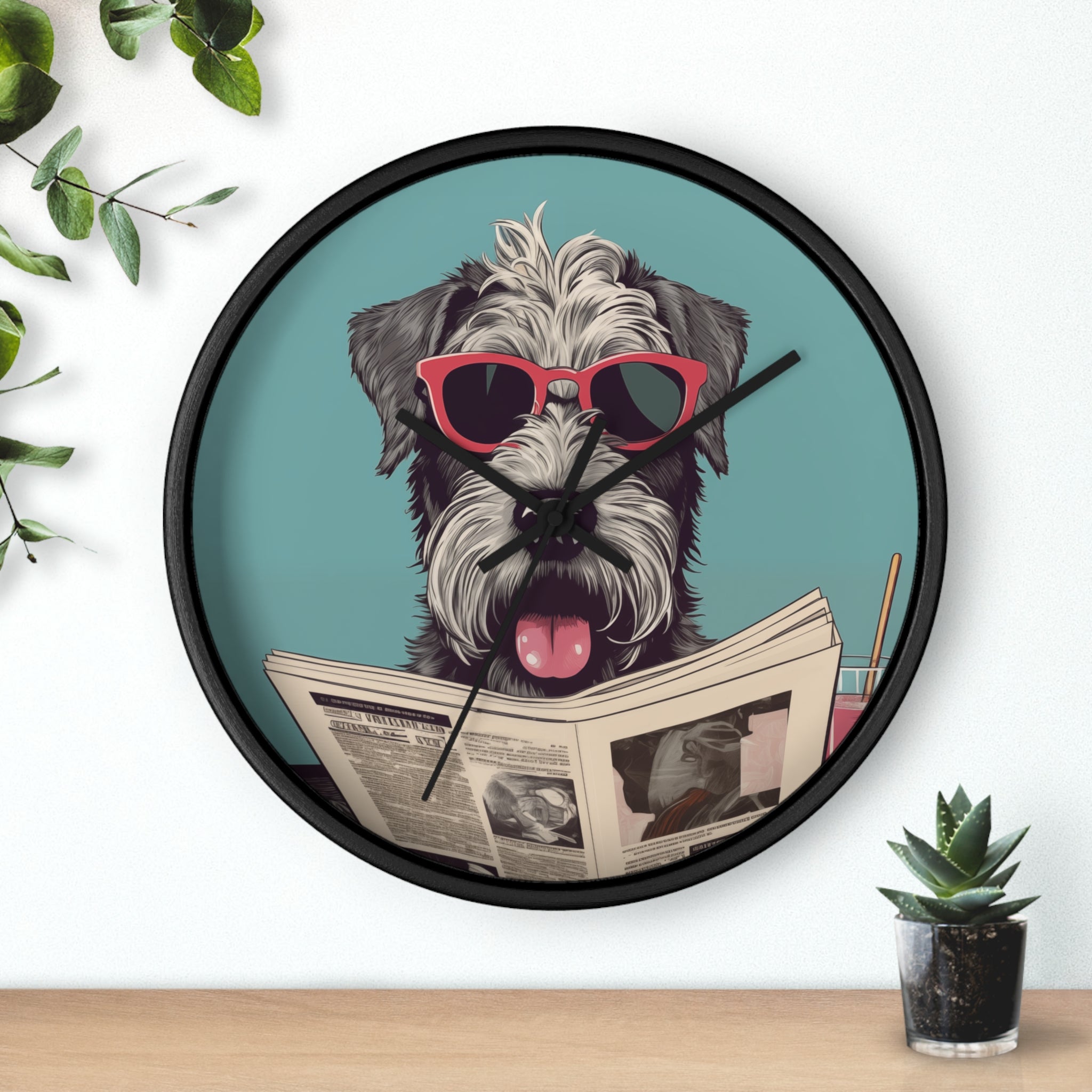 Schnauzer Reading Newspaper Wall Clock with wooden frame and plexiglass face, featuring a playful Schnauzer design.