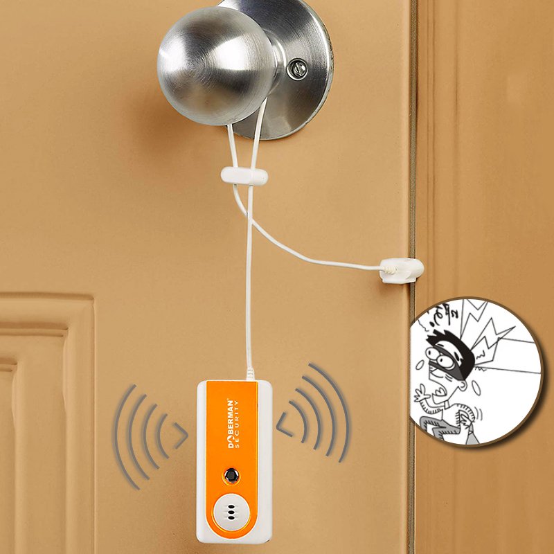 Security Door Alarm in bright orange color, compact design with flashlight feature, ideal for enhancing safety and security.