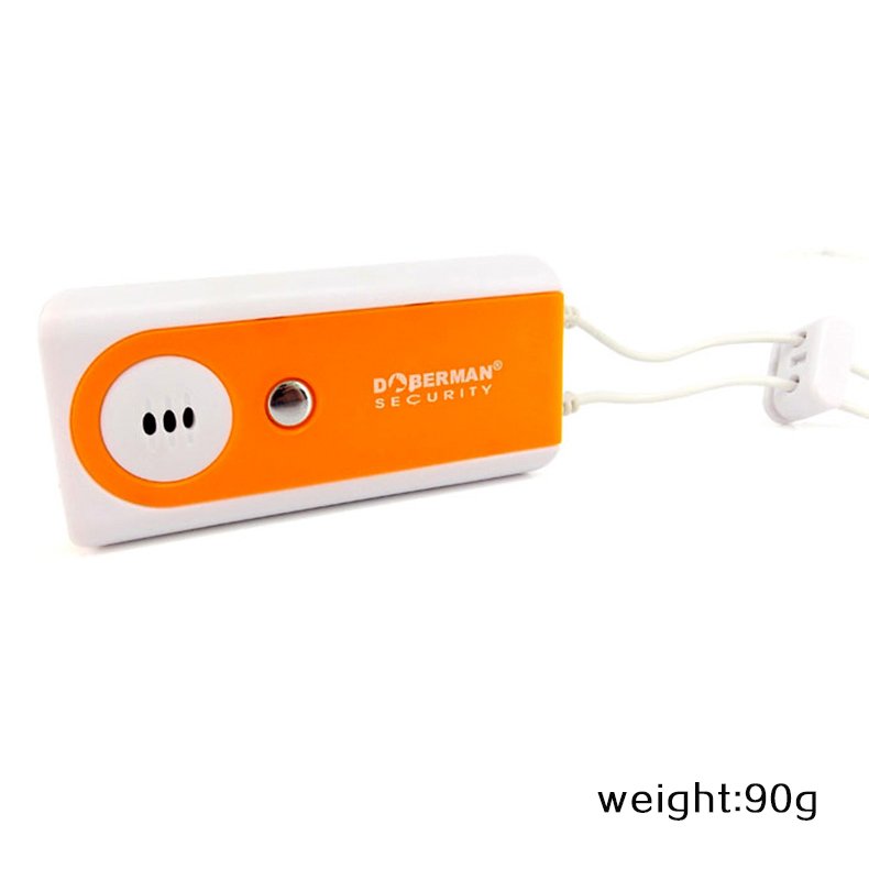 Security Door Alarm in bright orange color, compact design with flashlight feature, ideal for enhancing safety and security.