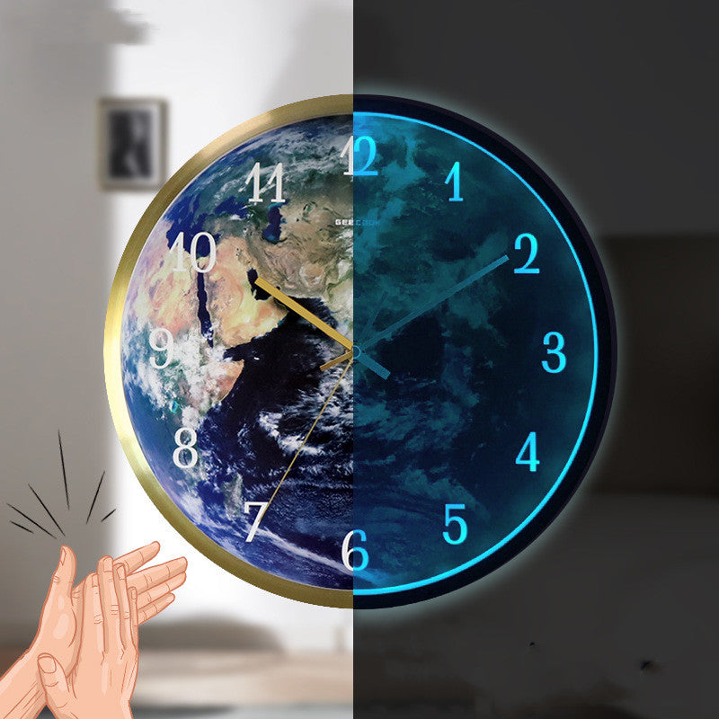 Voice-activated Induction LED Night Light Wall Clock with a round metal frame and luminous dial, designed for easy nighttime visibility.