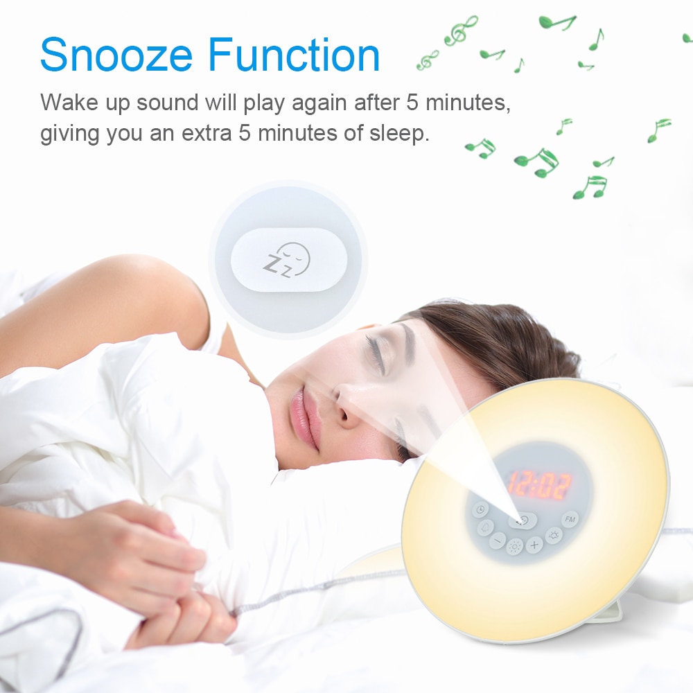 A modern Wake Up Light Alarm Clock with a circular design, featuring a digital LED display and sunrise/sunset simulation capabilities.