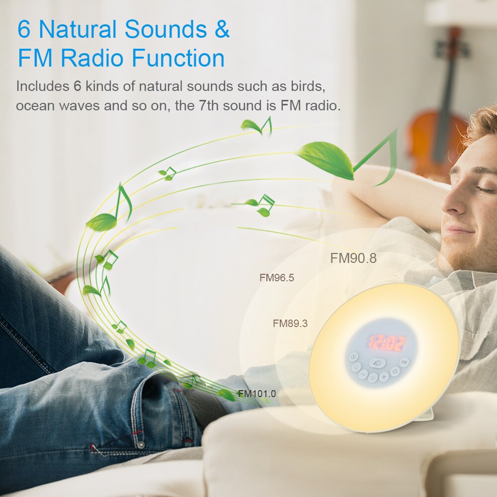 A modern Wake Up Light Alarm Clock with a circular design, featuring a digital LED display and sunrise/sunset simulation capabilities.