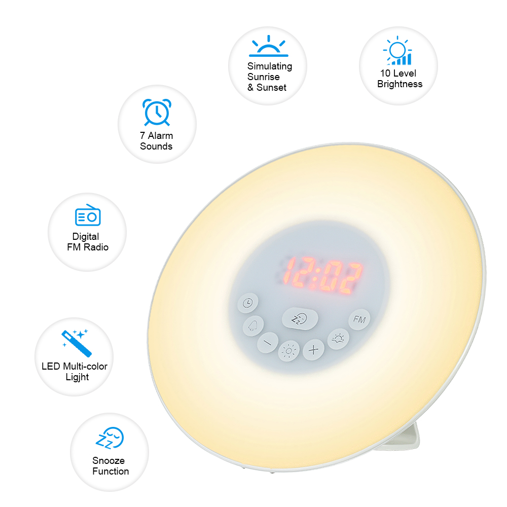 A modern Wake Up Light Alarm Clock with a circular design, featuring a digital LED display and sunrise/sunset simulation capabilities.