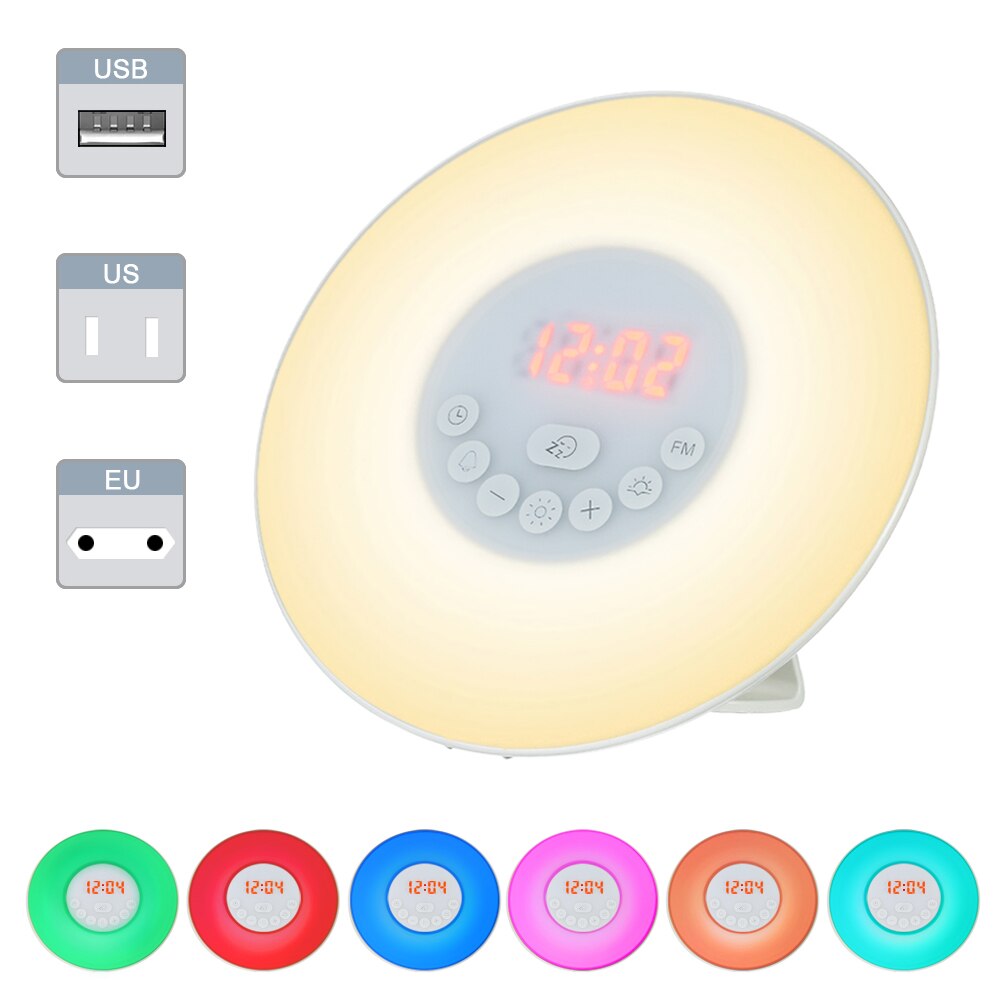 A modern Wake Up Light Alarm Clock with a circular design, featuring a digital LED display and sunrise/sunset simulation capabilities.