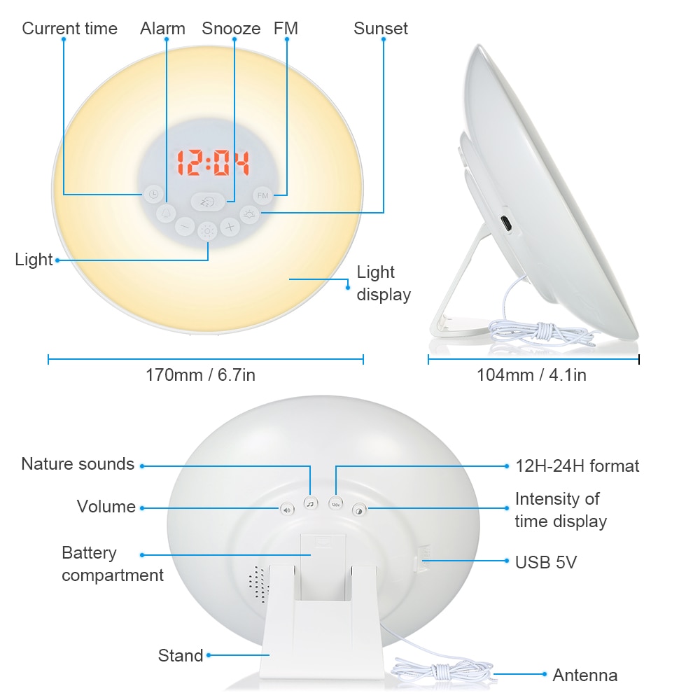 A modern Wake Up Light Alarm Clock with a circular design, featuring a digital LED display and sunrise/sunset simulation capabilities.