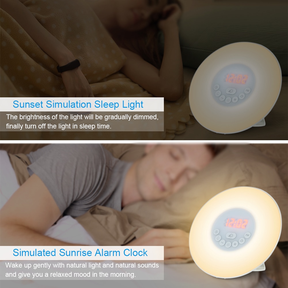 A modern Wake Up Light Alarm Clock with a circular design, featuring a digital LED display and sunrise/sunset simulation capabilities.