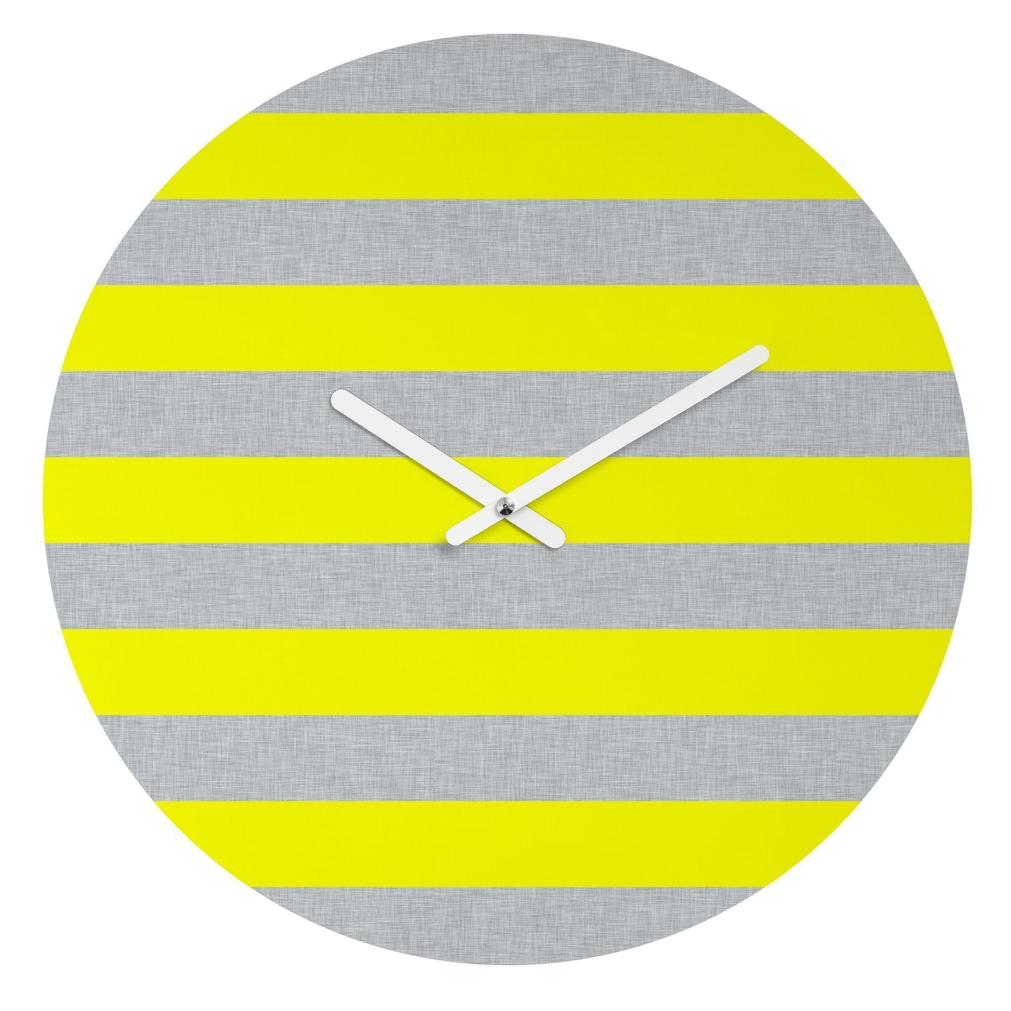 A stylish 12-inch Yellow Lines Wall Clock featuring vibrant yellow lines artwork and coordinating clock hands, perfect for home décor.