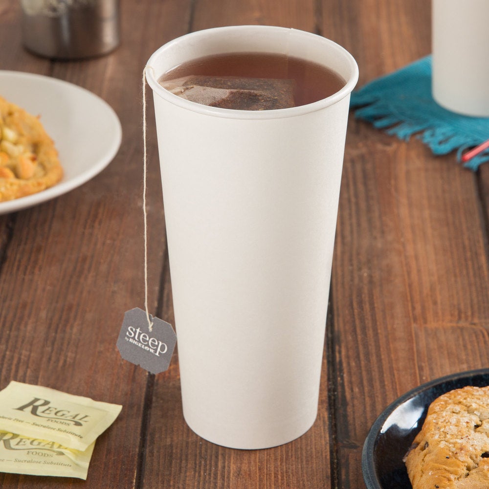 A stack of 25 disposable coffee cups designed for 12 and 16oz cans, showcasing their sturdy poly paper construction and compatibility with Trinken Lids.