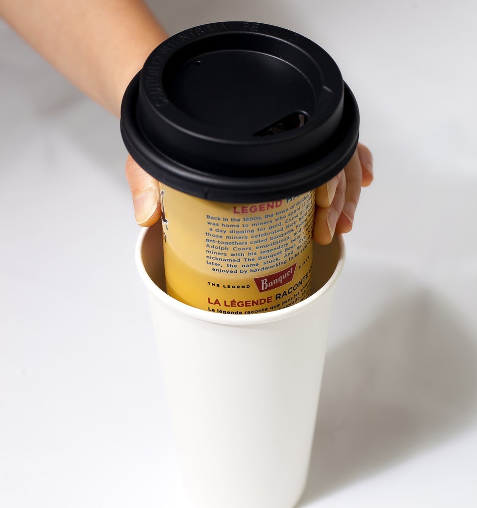 A stack of 25 disposable coffee cups designed for 12 and 16oz cans, showcasing their sturdy poly paper construction and compatibility with Trinken Lids.