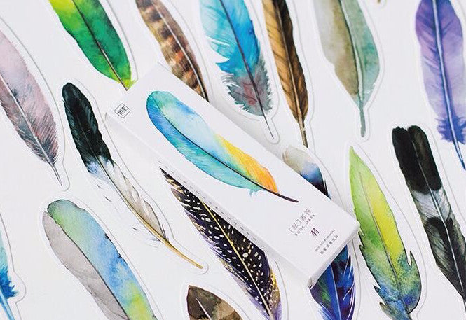 A colorful assortment of 30 watercolor-style feather bookmarks displayed together, showcasing their unique designs and vibrant colors.