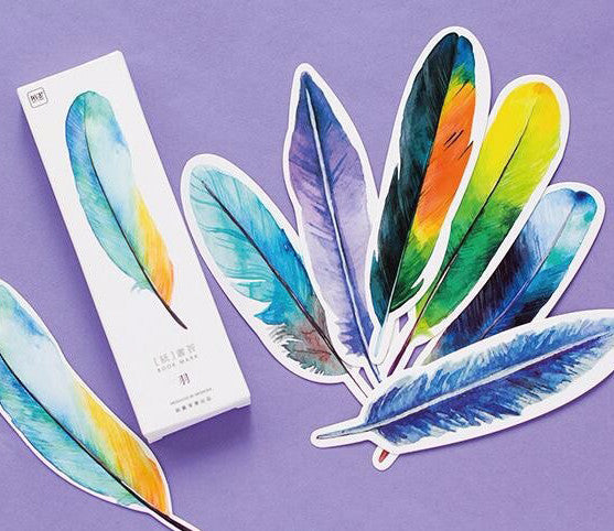 A colorful assortment of 30 watercolor-style feather bookmarks displayed together, showcasing their unique designs and vibrant colors.