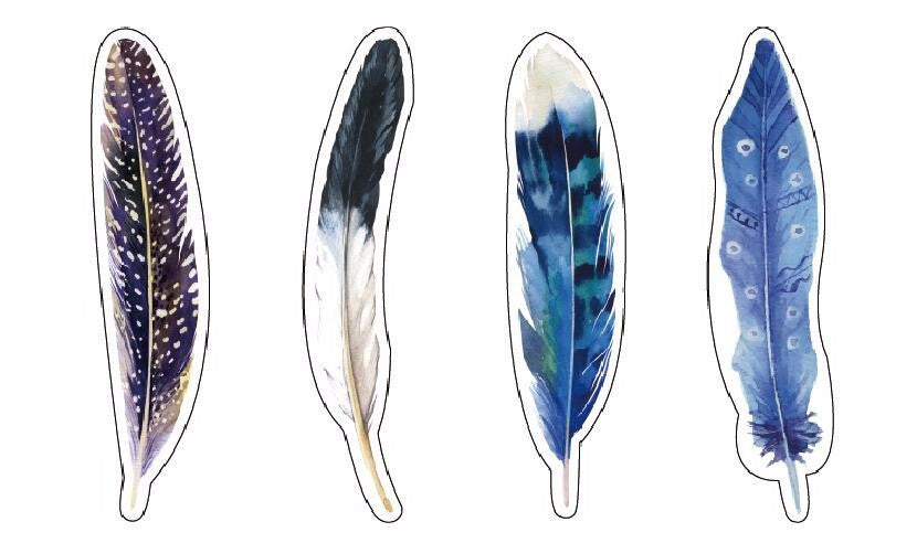 A colorful assortment of 30 watercolor-style feather bookmarks displayed together, showcasing their unique designs and vibrant colors.