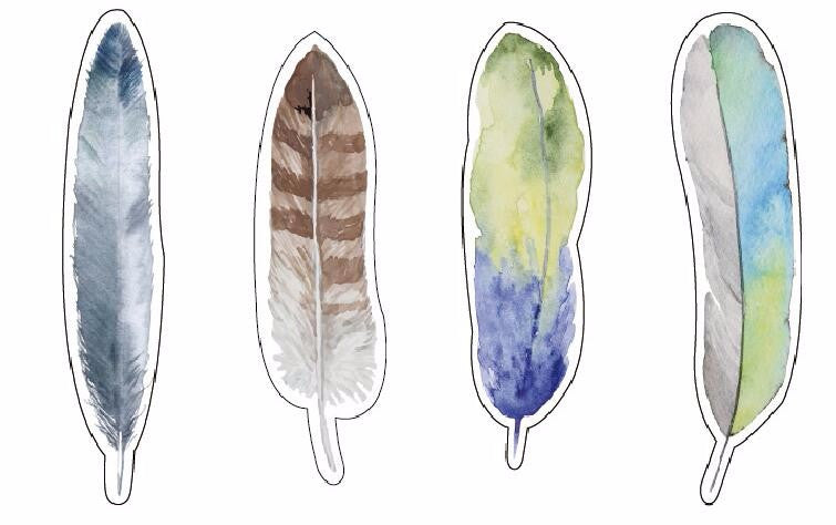 A colorful assortment of 30 watercolor-style feather bookmarks displayed together, showcasing their unique designs and vibrant colors.