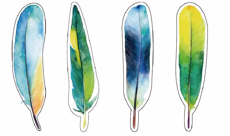 A colorful assortment of 30 watercolor-style feather bookmarks displayed together, showcasing their unique designs and vibrant colors.