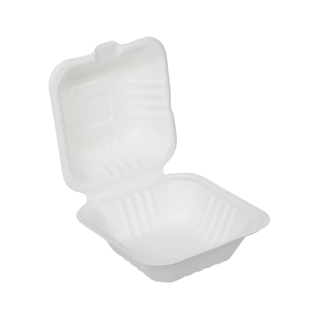 6x6 Clamshell Container made from biodegradable sugarcane bagasse, ideal for food packaging.