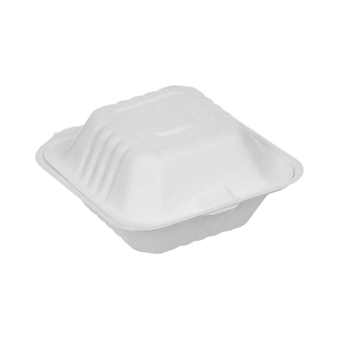 6x6 Clamshell Container made from biodegradable sugarcane bagasse, ideal for food packaging.