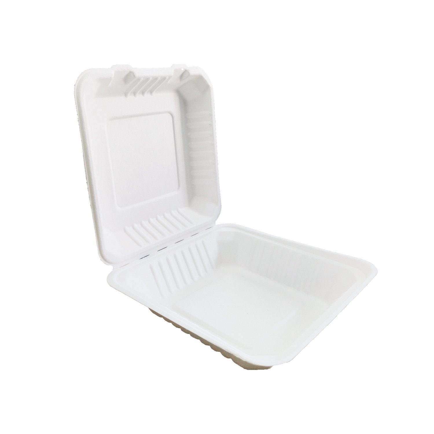 8x8 Clamshell Container made from sugarcane bagasse, eco-friendly and biodegradable, ideal for food packaging.