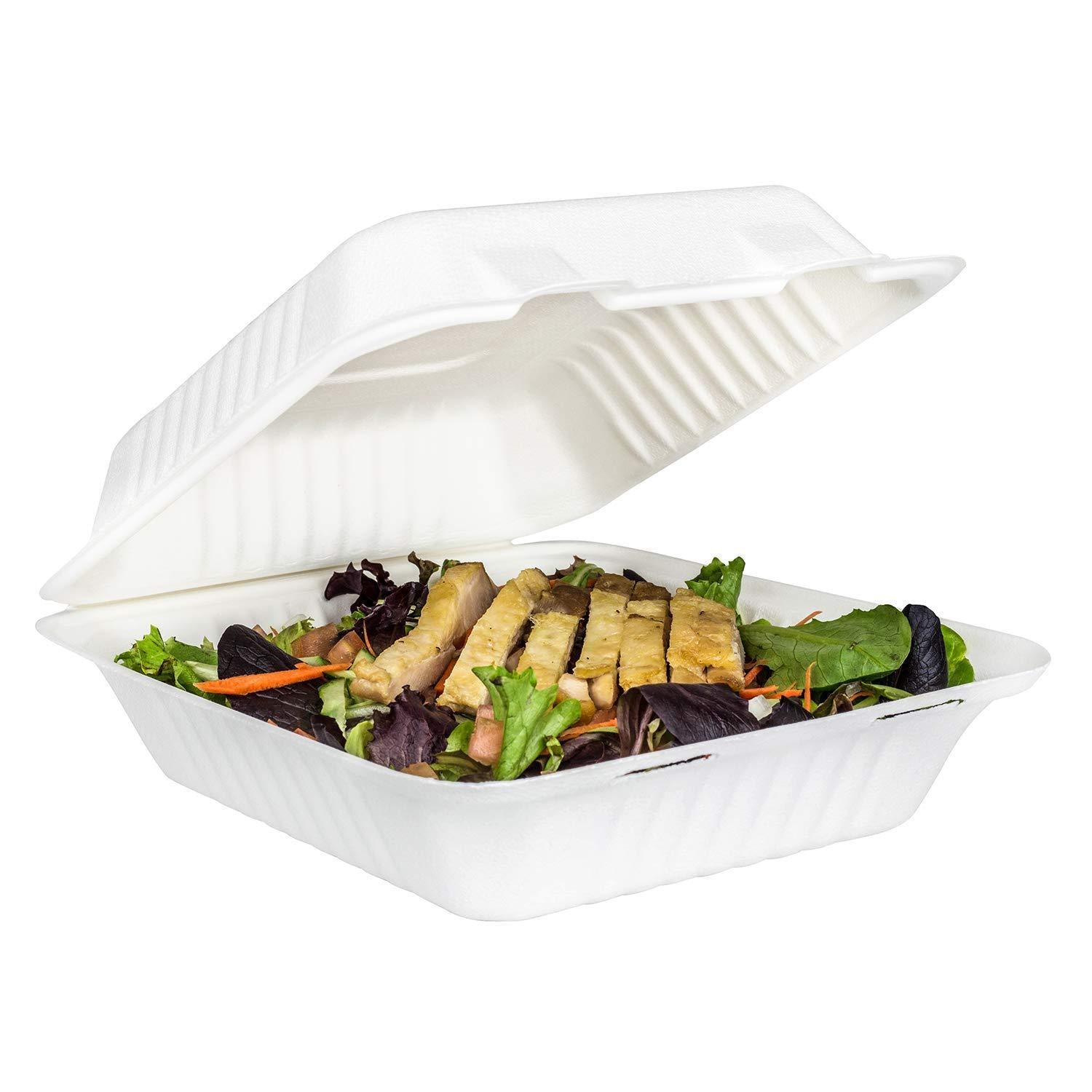 8x8 Clamshell Container made from sugarcane bagasse, eco-friendly and biodegradable, ideal for food packaging.