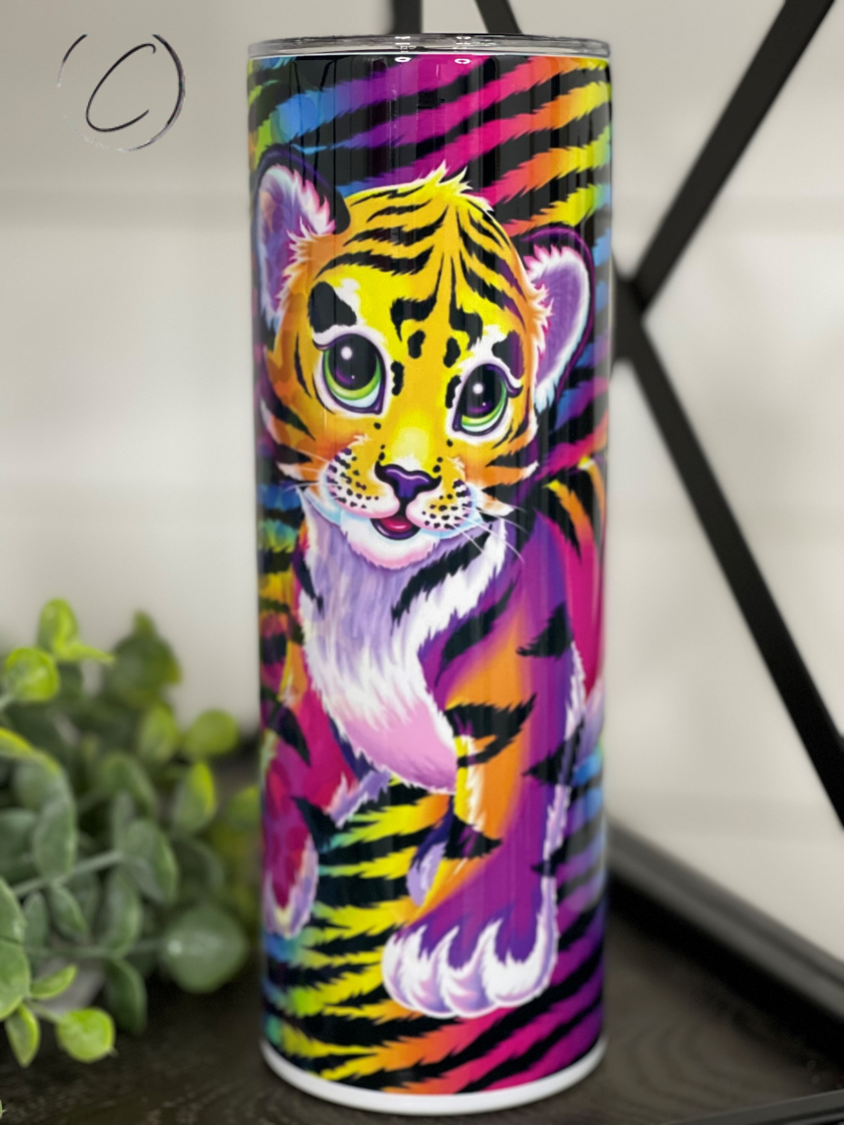 A vibrant 90's Art Tiger 20oz Skinny Tumbler featuring a colorful tiger design, perfect for hot and cold beverages.