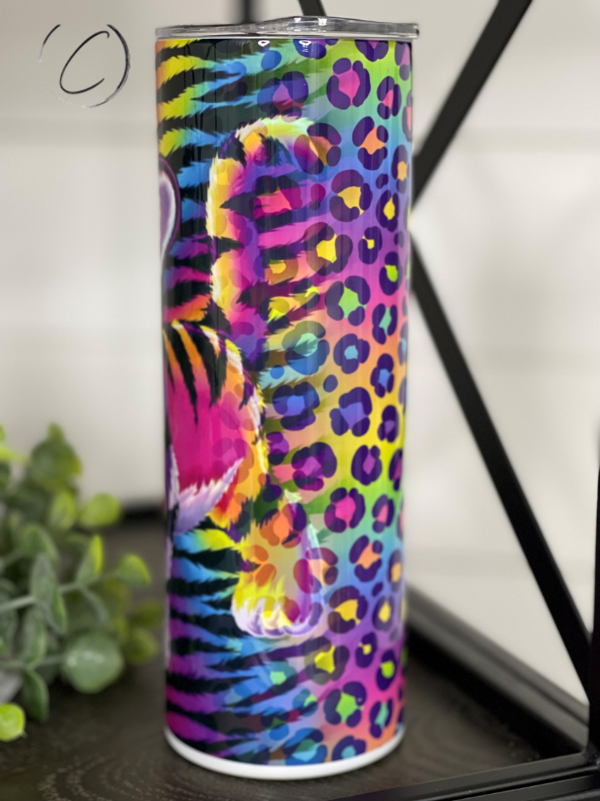 A vibrant 90's Art Tiger 20oz Skinny Tumbler featuring a colorful tiger design, perfect for hot and cold beverages.