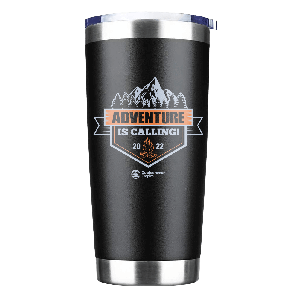 Adventure Is Calling 20oz Insulated Vacuum Sealed Tumbler in stainless steel with a vibrant UV-printed design, showcasing its double-walled construction.