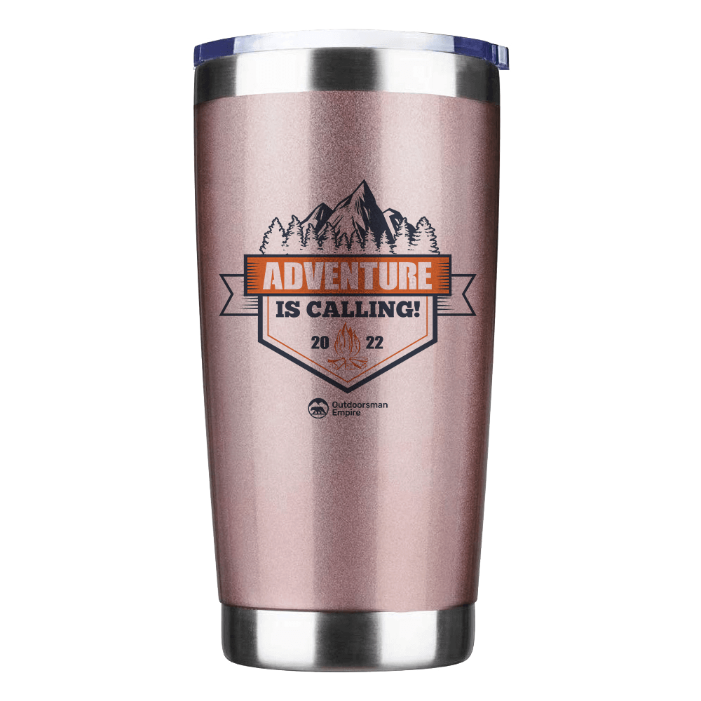 Adventure Is Calling 20oz Insulated Vacuum Sealed Tumbler in stainless steel with a vibrant UV-printed design, showcasing its double-walled construction.