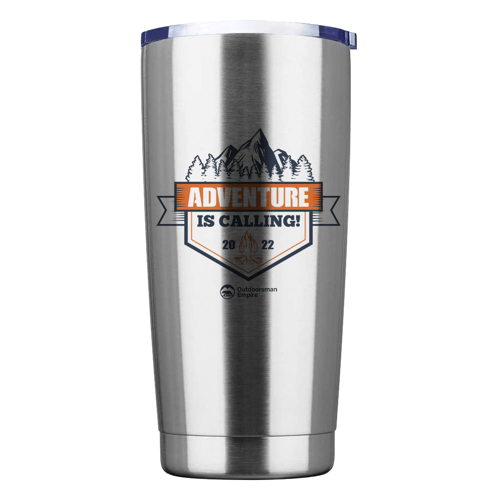 Adventure Is Calling 20oz Insulated Vacuum Sealed Tumbler in stainless steel with a vibrant UV-printed design, showcasing its double-walled construction.