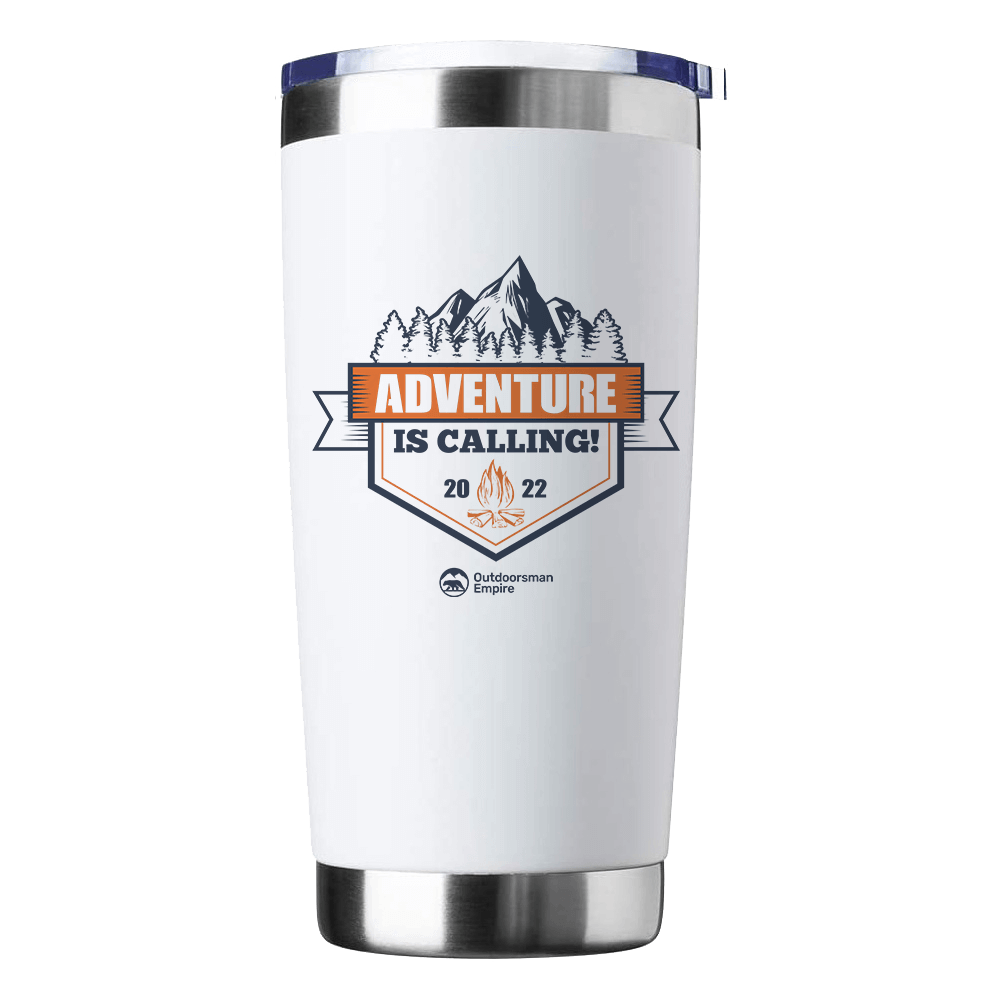 Adventure Is Calling 20oz Insulated Vacuum Sealed Tumbler in stainless steel with a vibrant UV-printed design, showcasing its double-walled construction.