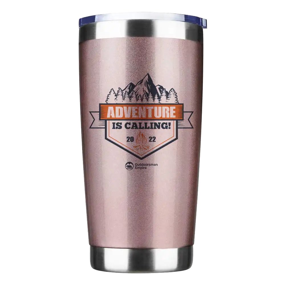 Adventure Is Calling 20oz Insulated Vacuum Sealed Tumbler in stainless steel with a vibrant UV-printed design, showcasing its double-walled construction.