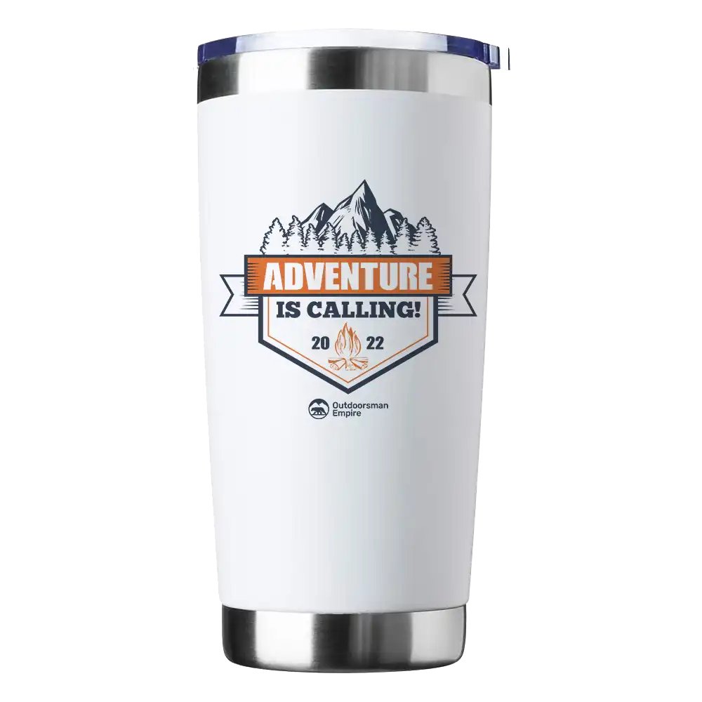 Adventure Is Calling 20oz Insulated Vacuum Sealed Tumbler in stainless steel with a vibrant UV-printed design, showcasing its double-walled construction.